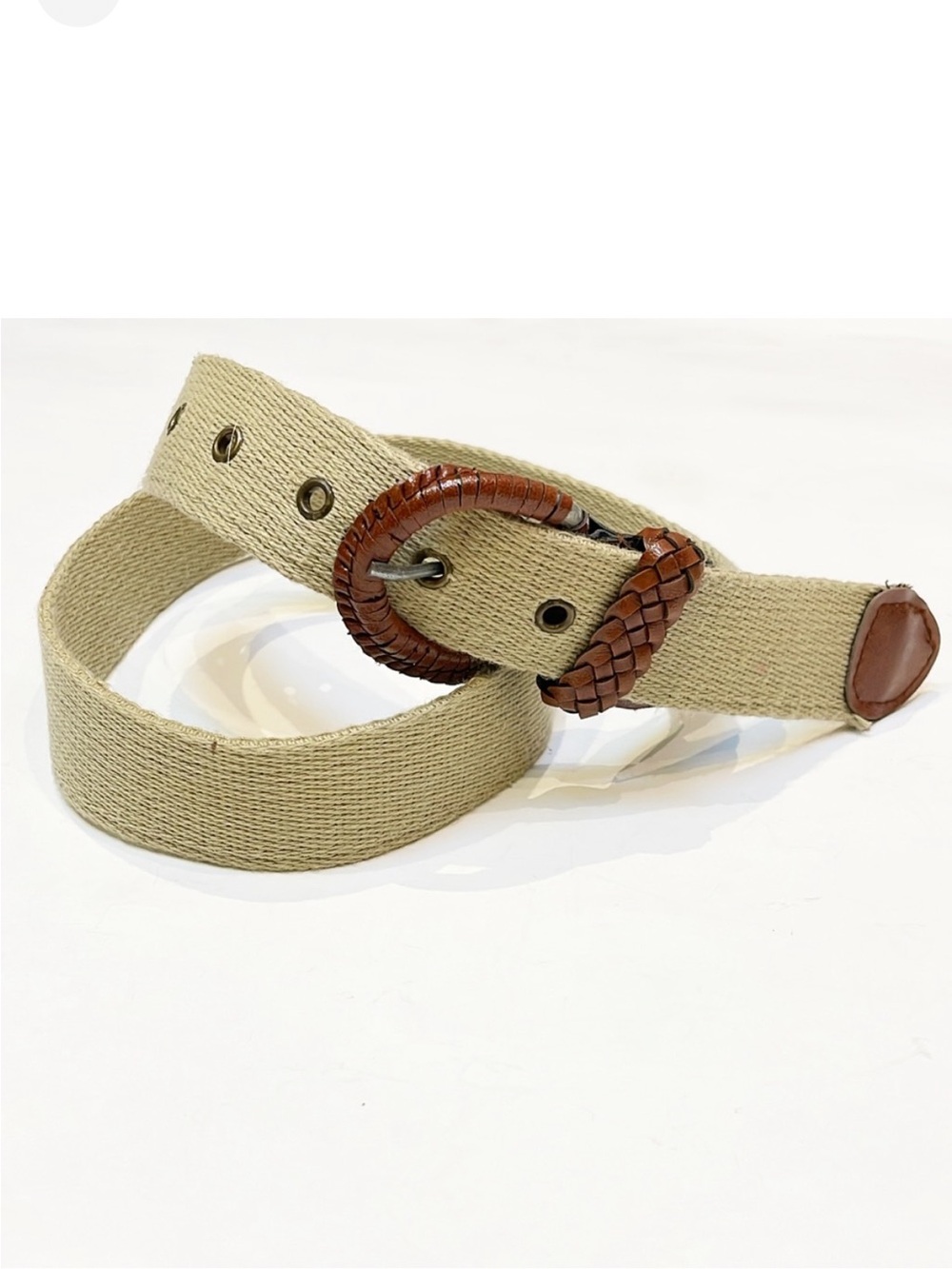 Brown and tan fabric buckle belt